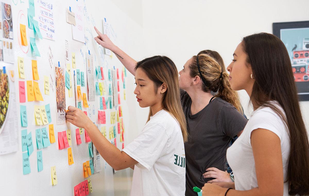 Graphic design students engaged in a Design Thinking exercise collaboratively on a white board using sticky notes.